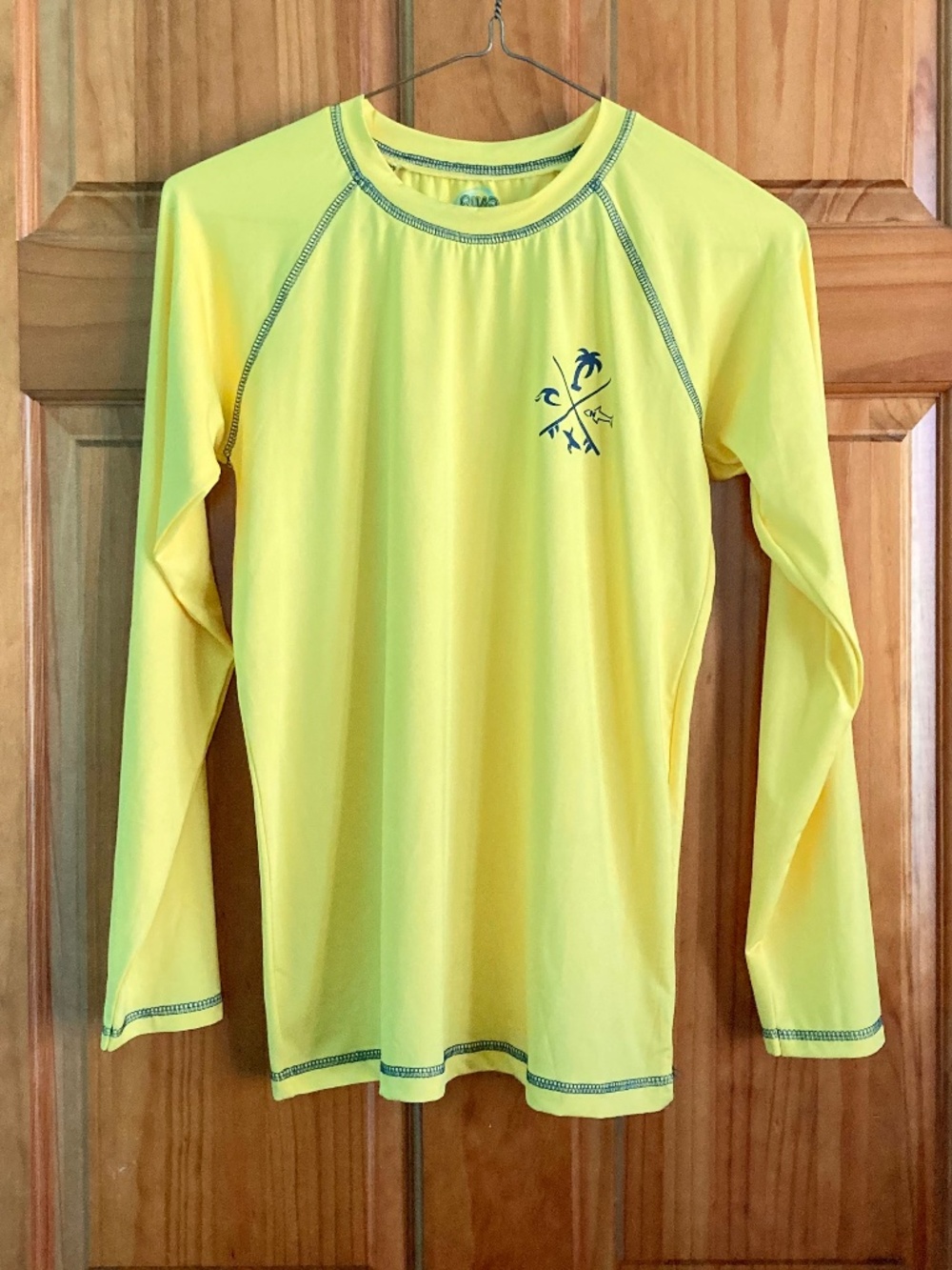 Boy’s size 12/14 Quad Seven banana yellow long sleeved swim shirt/rash guard